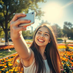 A vibrant selfie scene featuring a cheerful young woman with long flowing hair, holding her phone up high with a big smile