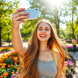 A vibrant selfie scene featuring a cheerful young woman with long flowing hair, holding her phone up high with a big smile