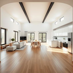 A spacious open-plan living area viewed from the main entrance, designed to create a fluid and harmonious environment
