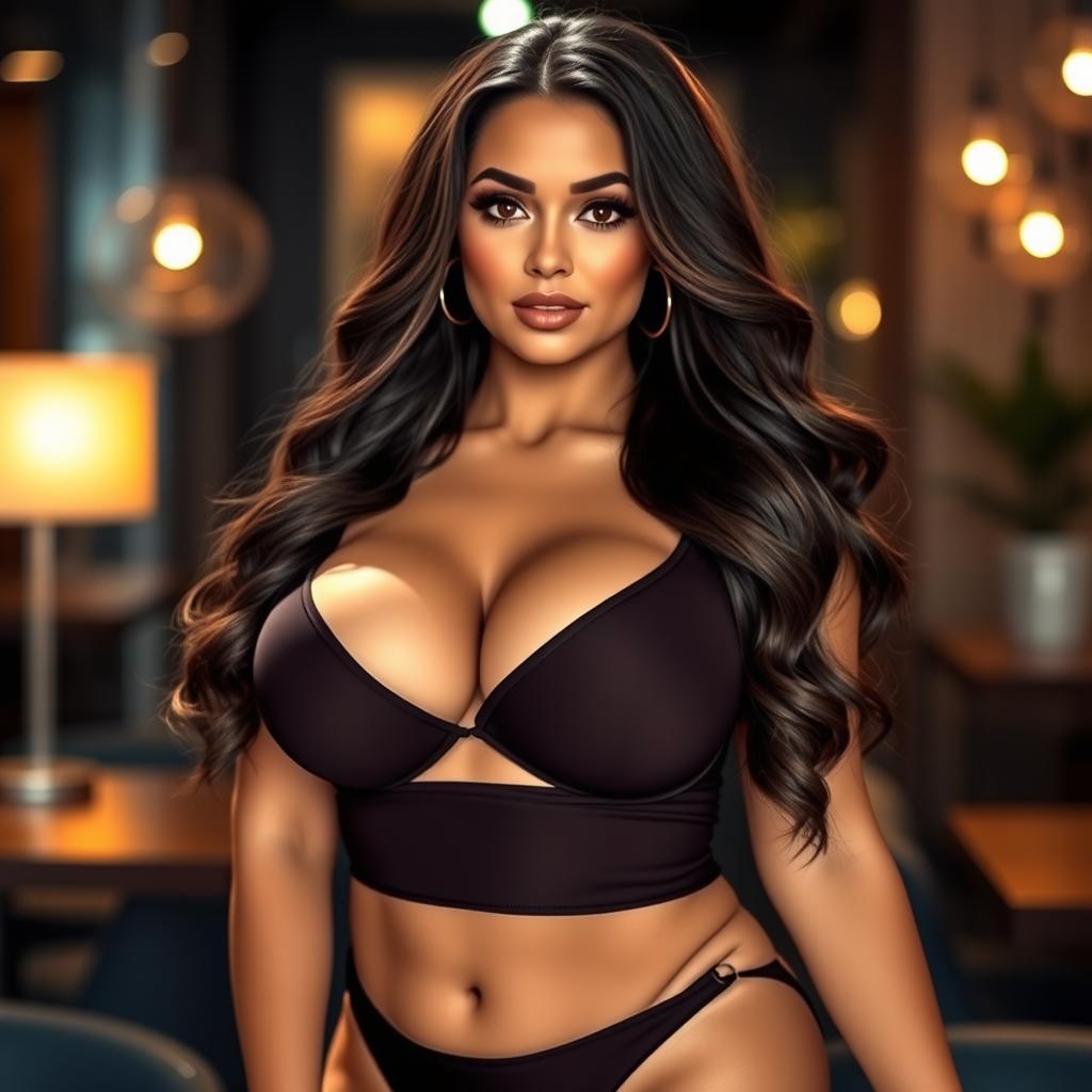 A beautiful, curvy woman with voluptuous breasts, wearing a seductive outfit that accentuates her figure