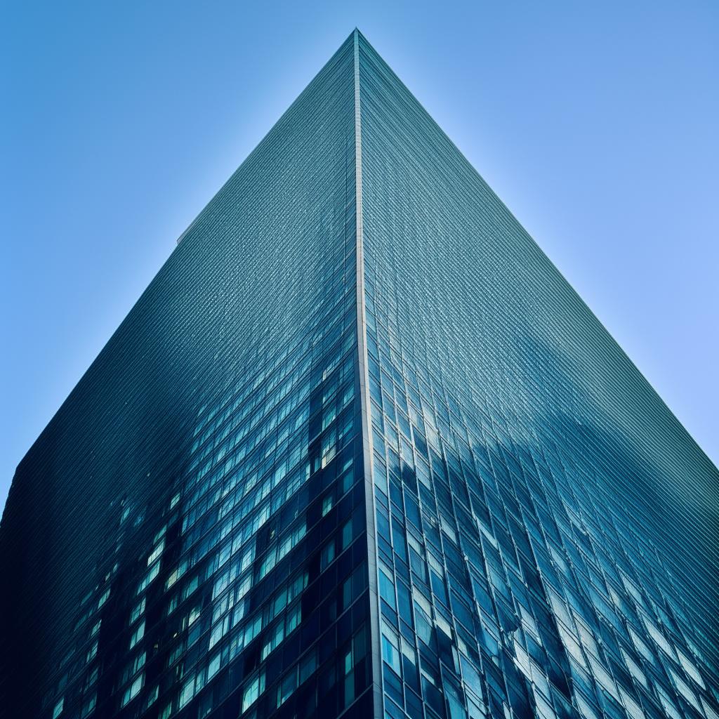 A massive, architecturally stunning skyscraper reaching up into a clear blue sky, casting long shadows around it.