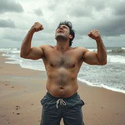 A dramatic scene capturing a furious man standing on a deserted beach, his body tense with anger