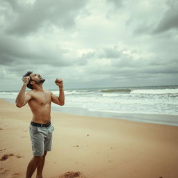 A dramatic scene capturing a furious man standing on a deserted beach, his body tense with anger