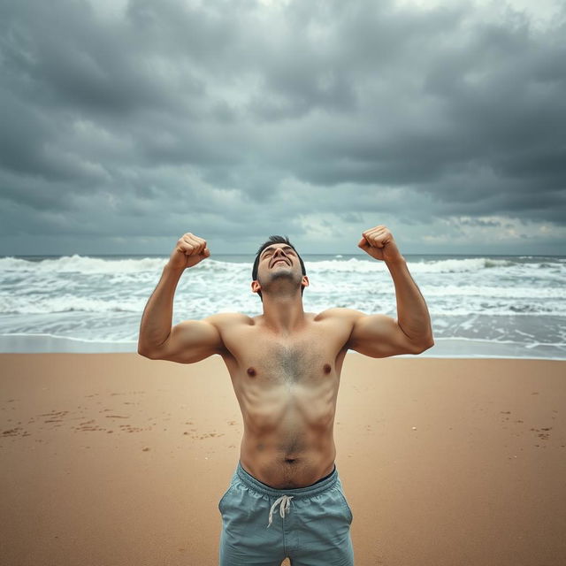 A dramatic scene capturing a furious man standing on a deserted beach, his body tense with anger