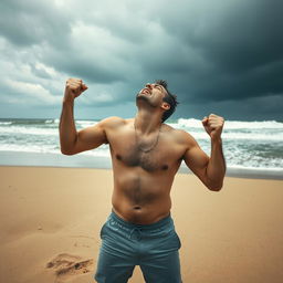 A dramatic scene capturing a furious man standing on a deserted beach, his body tense with anger