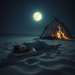 A poignant nighttime scene featuring a man lying on the sandy beach, his body sprawled out as he looks hopeless and exhausted
