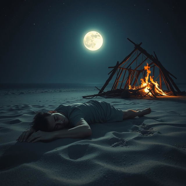 A poignant nighttime scene featuring a man lying on the sandy beach, his body sprawled out as he looks hopeless and exhausted