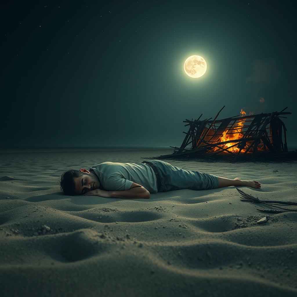 A poignant nighttime scene featuring a man lying on the sandy beach, his body sprawled out as he looks hopeless and exhausted