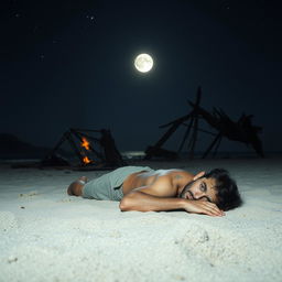 A poignant nighttime scene featuring a man lying on the sandy beach, his body sprawled out as he looks hopeless and exhausted