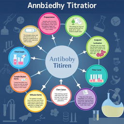An intricate and informative illustration depicting the process of antibody titration, presented in 11 distinct circular steps