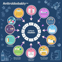 An intricate and informative illustration depicting the process of antibody titration, presented in 11 distinct circular steps