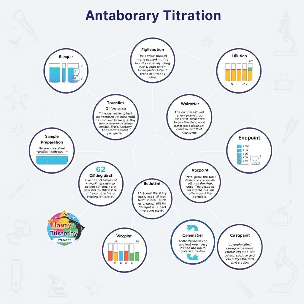 An intricate and informative illustration depicting the process of antibody titration, presented in 11 distinct circular steps