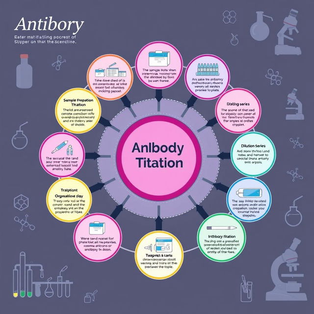 An intricate and informative illustration depicting the process of antibody titration, presented in 11 distinct circular steps