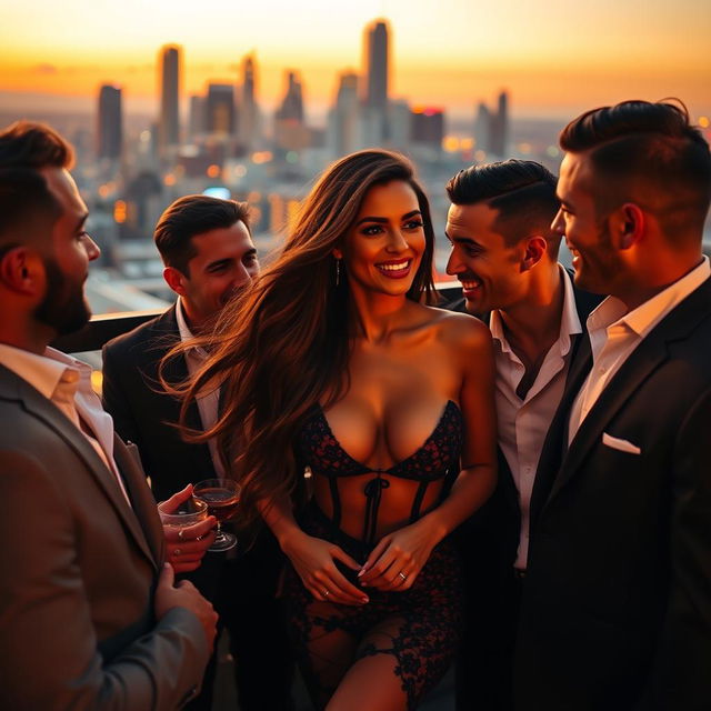 A captivating scene featuring a glamorous and sexy woman in a stunning outfit, surrounded by a few suave men