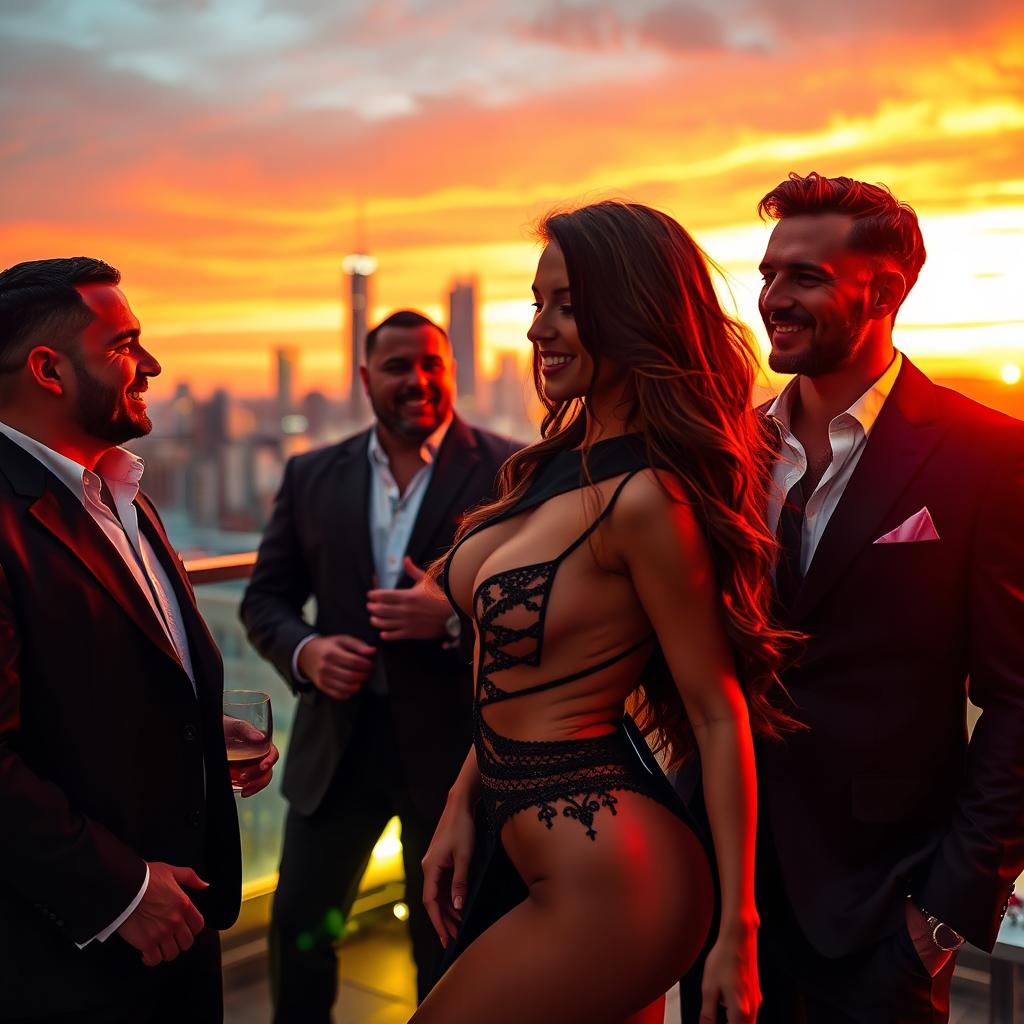 A captivating scene featuring a glamorous and sexy woman in a stunning outfit, surrounded by a few suave men