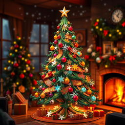 A beautifully crafted Christmas tree made of intricate puzzle pieces, each piece uniquely shaped and colored