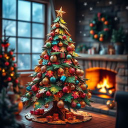 A beautifully crafted Christmas tree made of intricate puzzle pieces, each piece uniquely shaped and colored