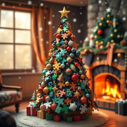 A beautifully crafted Christmas tree made of intricate puzzle pieces, each piece uniquely shaped and colored