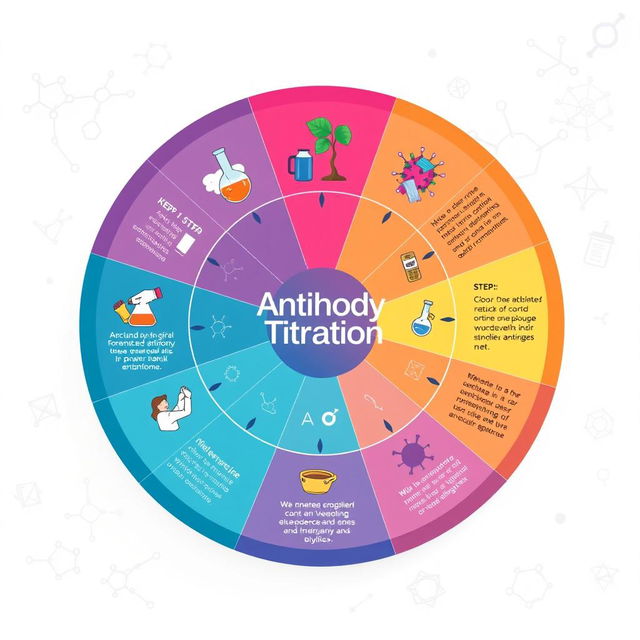 A creative and unique illustration depicting the 11 steps of antibody titration in a round, flowchart-like format