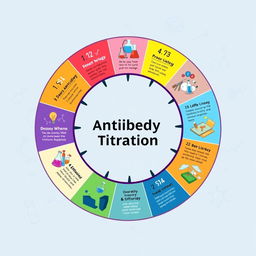 A creative and unique illustration depicting the 11 steps of antibody titration in a round, flowchart-like format