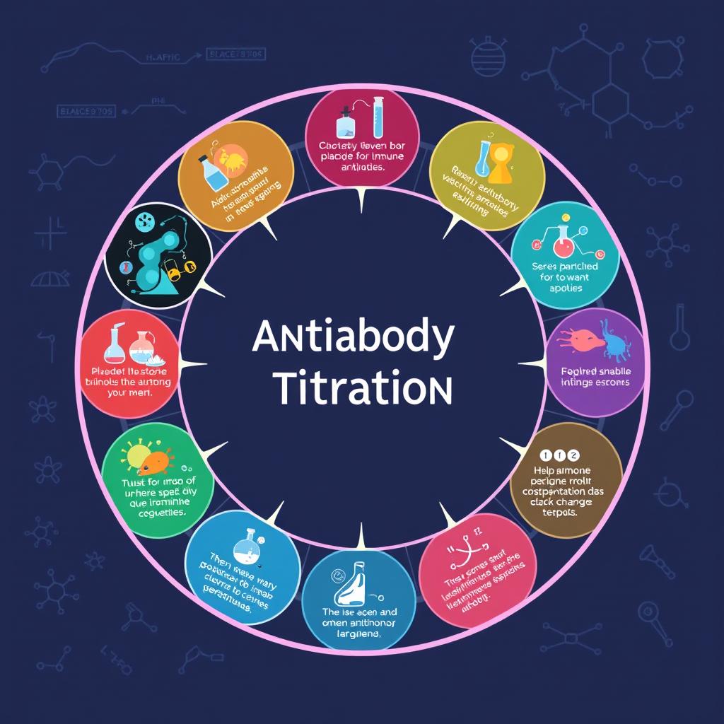 A creative and unique illustration depicting the 11 steps of antibody titration in a round, flowchart-like format