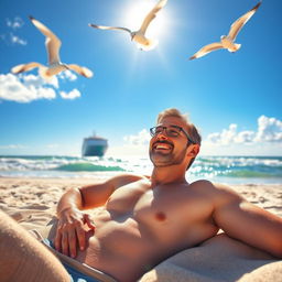 A bright, sunny morning on the beach, where a man is waking up on the soft, warm sand