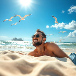 A bright, sunny morning on the beach, where a man is waking up on the soft, warm sand