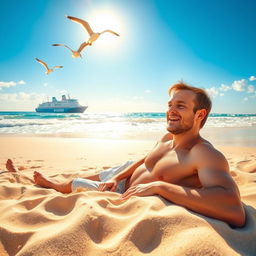 A bright, sunny morning on the beach, where a man is waking up on the soft, warm sand
