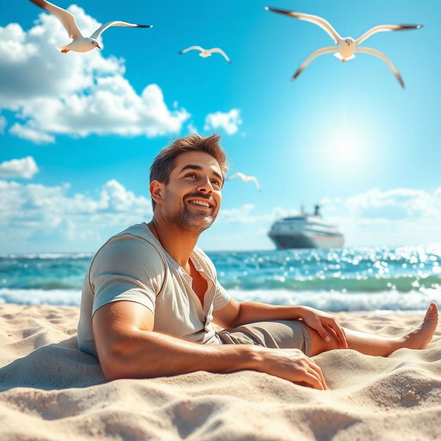 A bright, sunny morning on the beach, where a man is waking up on the soft, warm sand