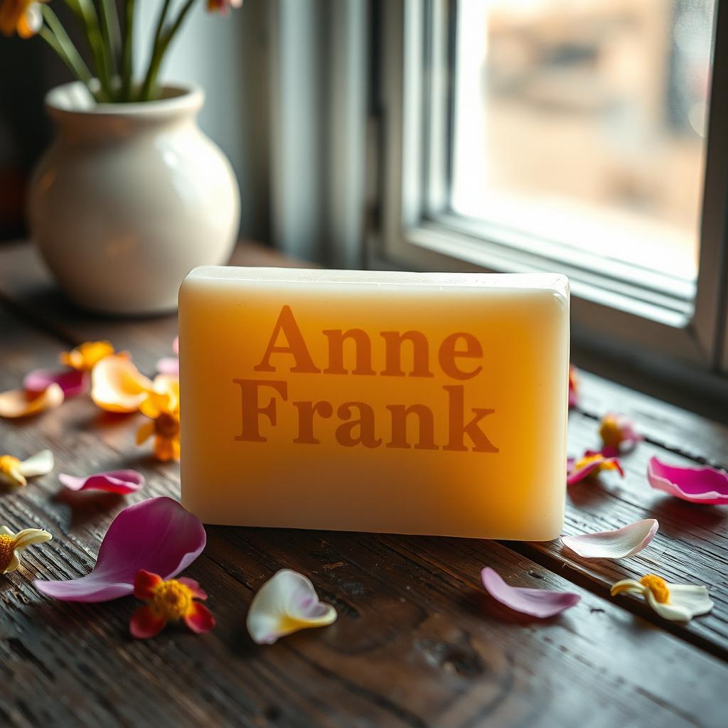 A bar of soap elegantly displayed with the text 'Anne Frank' artistically etched onto its surface