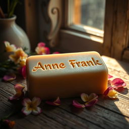 A bar of soap elegantly displayed with the text 'Anne Frank' artistically etched onto its surface