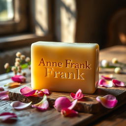 A bar of soap elegantly displayed with the text 'Anne Frank' artistically etched onto its surface