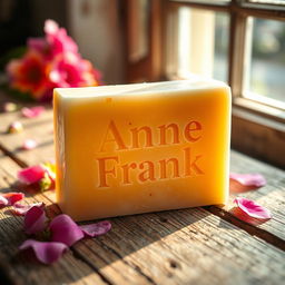 A bar of soap elegantly displayed with the text 'Anne Frank' artistically etched onto its surface