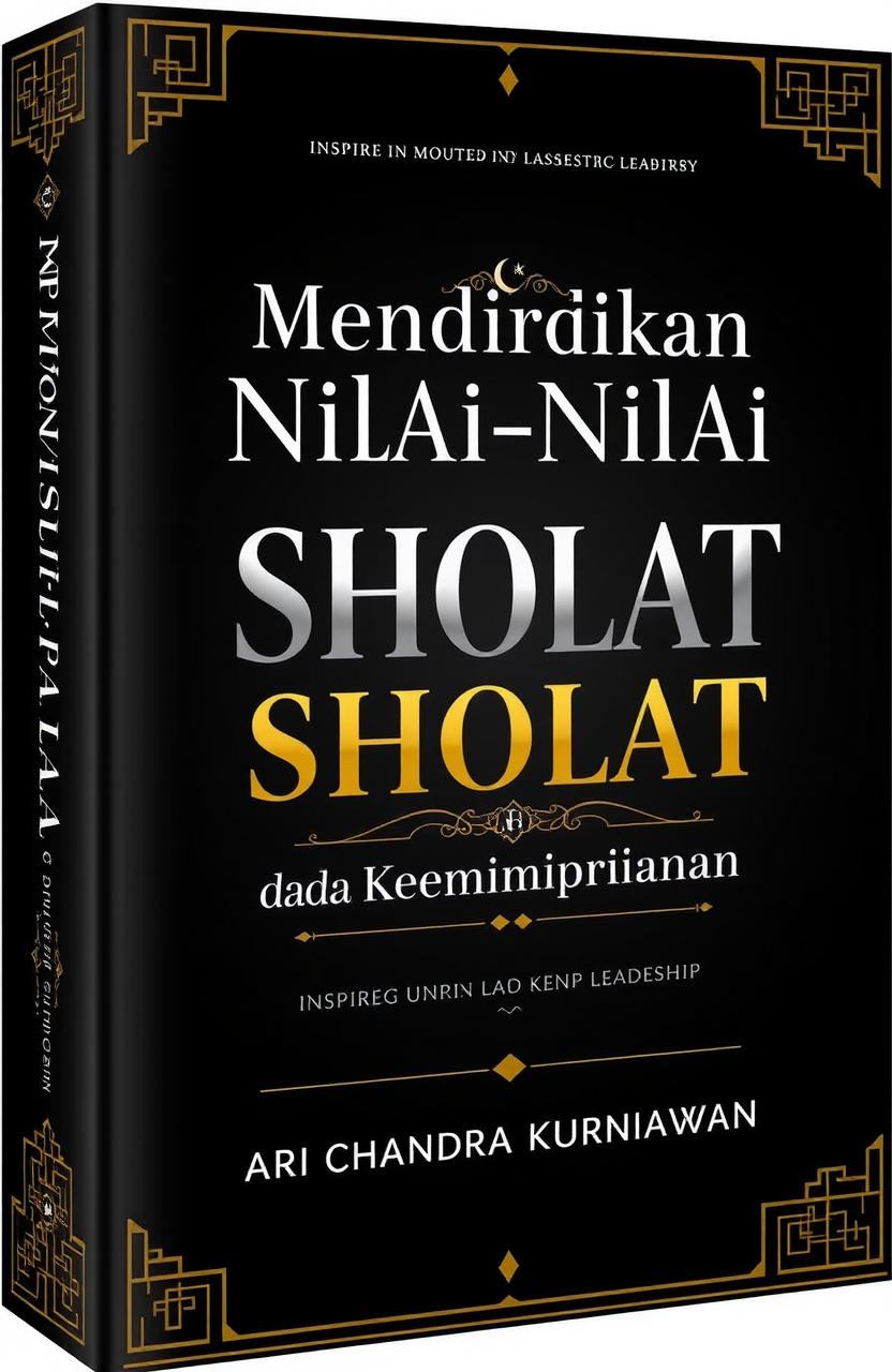 A captivating and charismatic book cover design for a book titled 'Mendirikan Nilai-Nilai Sholat pada Kepemimpinan' by Ari Chandra Kurniawan