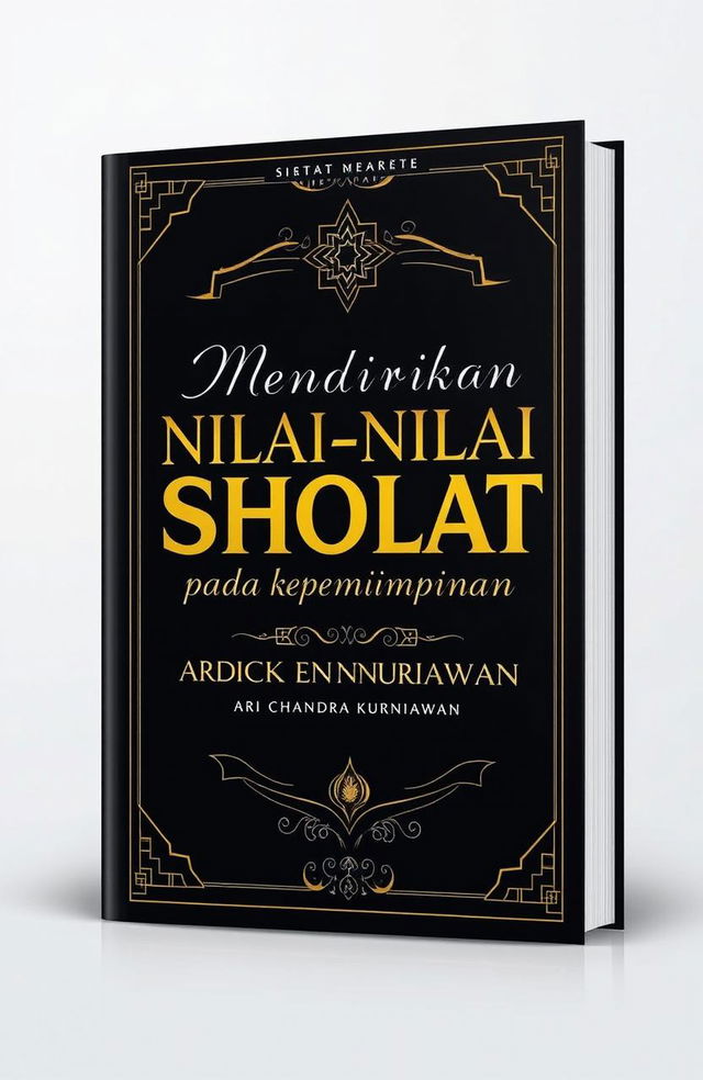 A captivating and charismatic book cover design for a book titled 'Mendirikan Nilai-Nilai Sholat pada Kepemimpinan' by Ari Chandra Kurniawan