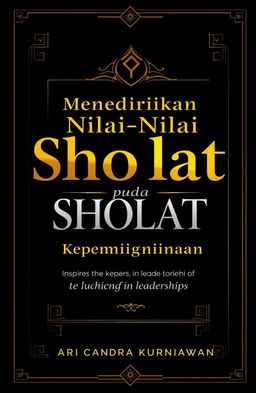 A captivating and charismatic book cover design for a book titled 'Mendirikan Nilai-Nilai Sholat pada Kepemimpinan' by Ari Chandra Kurniawan