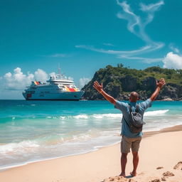 A vivid scene depicting a large rescue ship anchored near the shore of a deserted island