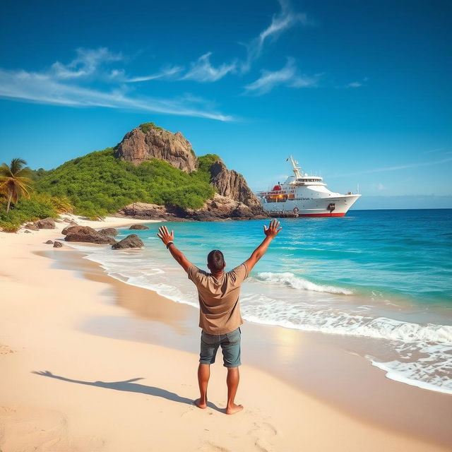 A vivid scene depicting a large rescue ship anchored near the shore of a deserted island