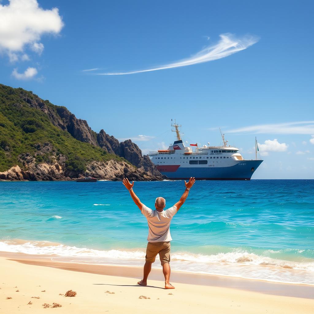 A vivid scene depicting a large rescue ship anchored near the shore of a deserted island