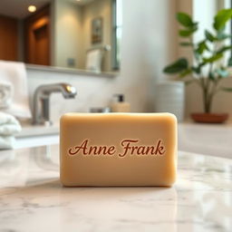 A beautiful bar of soap with the text 'Anne Frank' elegantly inscribed on its surface, placed thoughtfully on a marble bathroom countertop