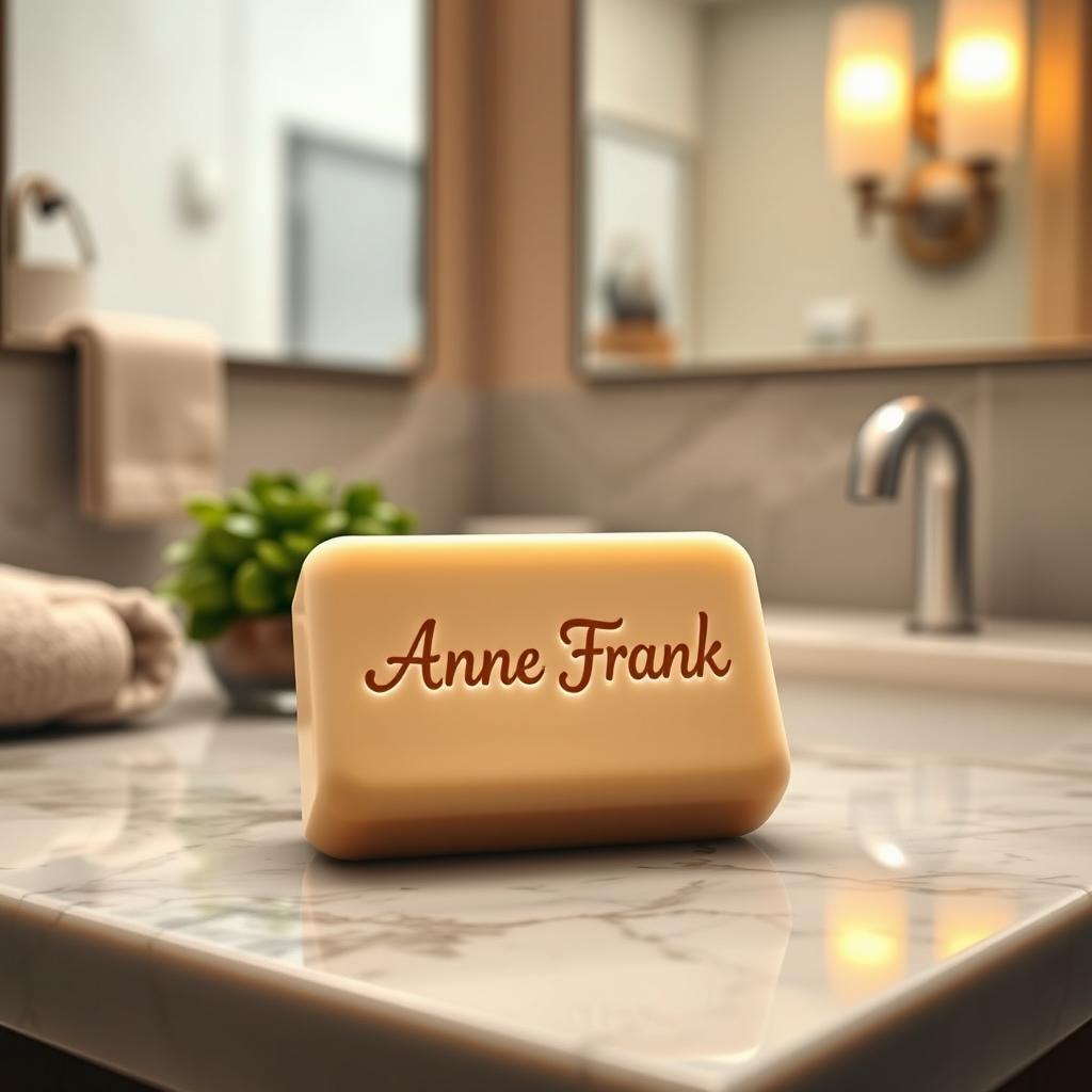 A beautiful bar of soap with the text 'Anne Frank' elegantly inscribed on its surface, placed thoughtfully on a marble bathroom countertop