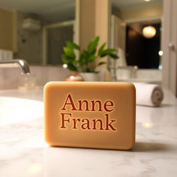 A beautiful bar of soap with the text 'Anne Frank' elegantly inscribed on its surface, placed thoughtfully on a marble bathroom countertop