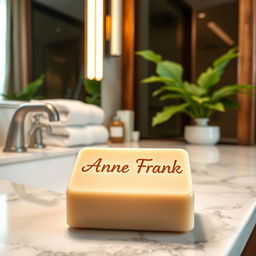 A beautiful bar of soap with the text 'Anne Frank' elegantly inscribed on its surface, placed thoughtfully on a marble bathroom countertop