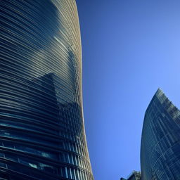 A massive, architecturally stunning skyscraper reaching up into a clear blue sky, casting long shadows around it.