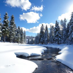 A serene winter landscape featuring a beautiful, snow-covered forest with tall pine trees