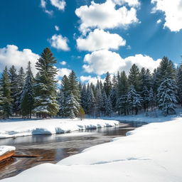 A serene winter landscape featuring a beautiful, snow-covered forest with tall pine trees