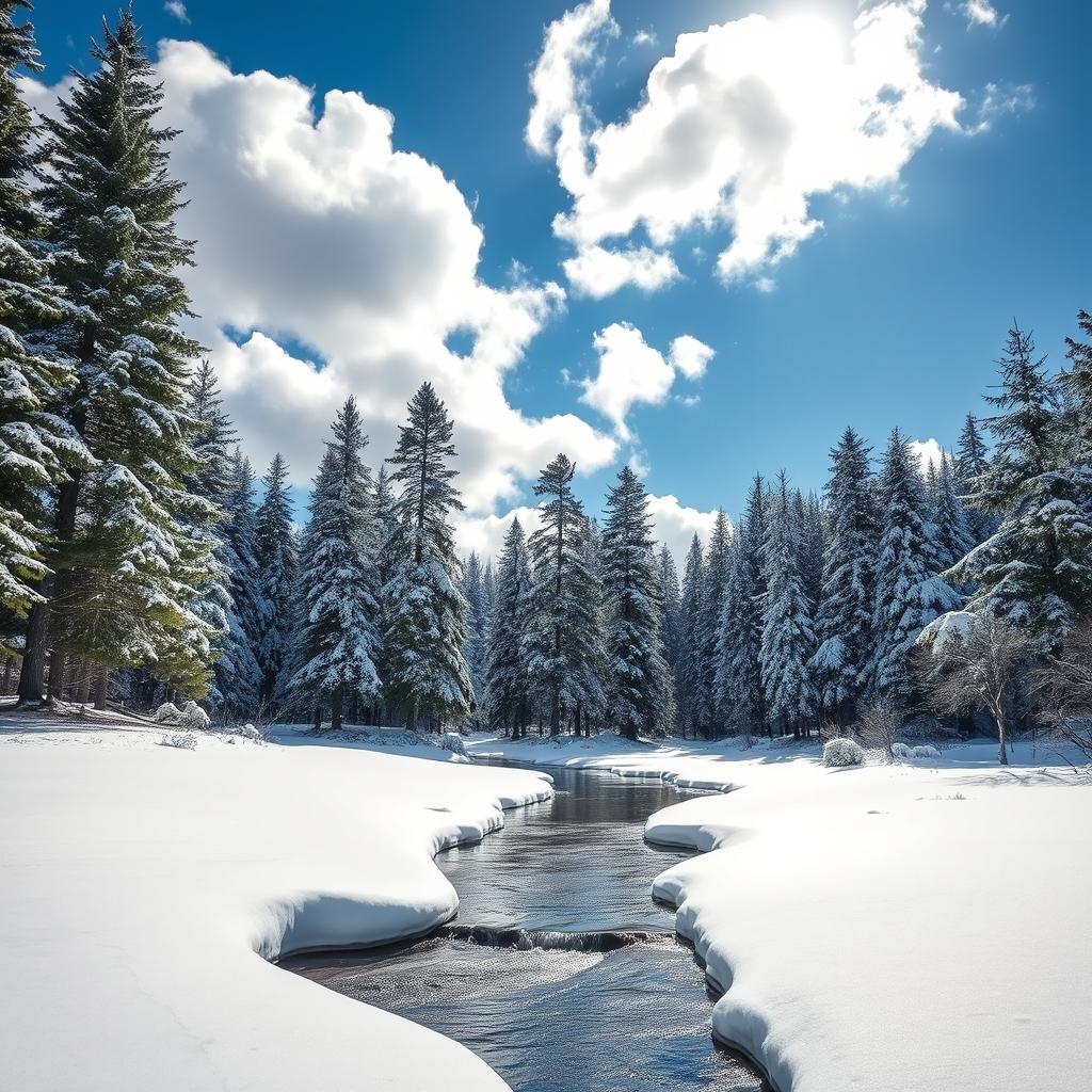 A serene winter landscape featuring a beautiful, snow-covered forest with tall pine trees