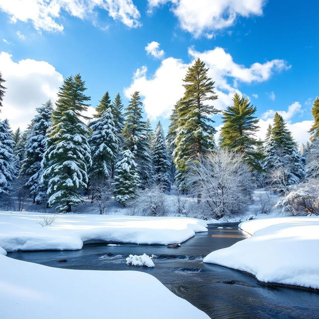 A serene winter landscape featuring a beautiful, snow-covered forest with tall pine trees