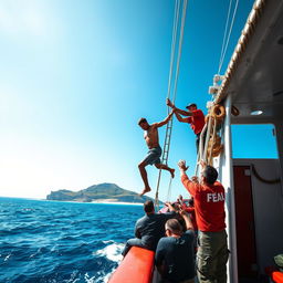 A dramatic scene capturing a man climbing a rope ladder onto the side of a large rescue ship