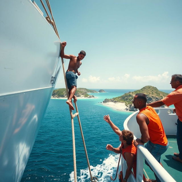 A dramatic scene capturing a man climbing a rope ladder onto the side of a large rescue ship